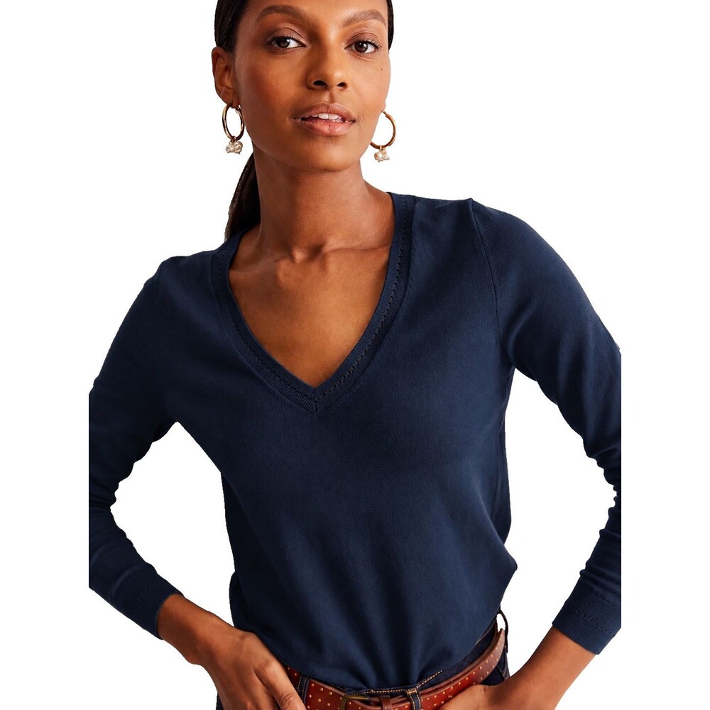 Boden Catriona Cotton V Neck Sweater Women's S Navy Blue Pullover Knit